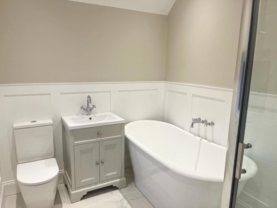 Moisture resistant panelling strips half wall with shelf