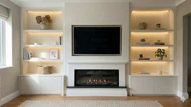 Living room media wall with a flat-screen TV above a modern gas fireplace and illuminated white shelves on both sides,